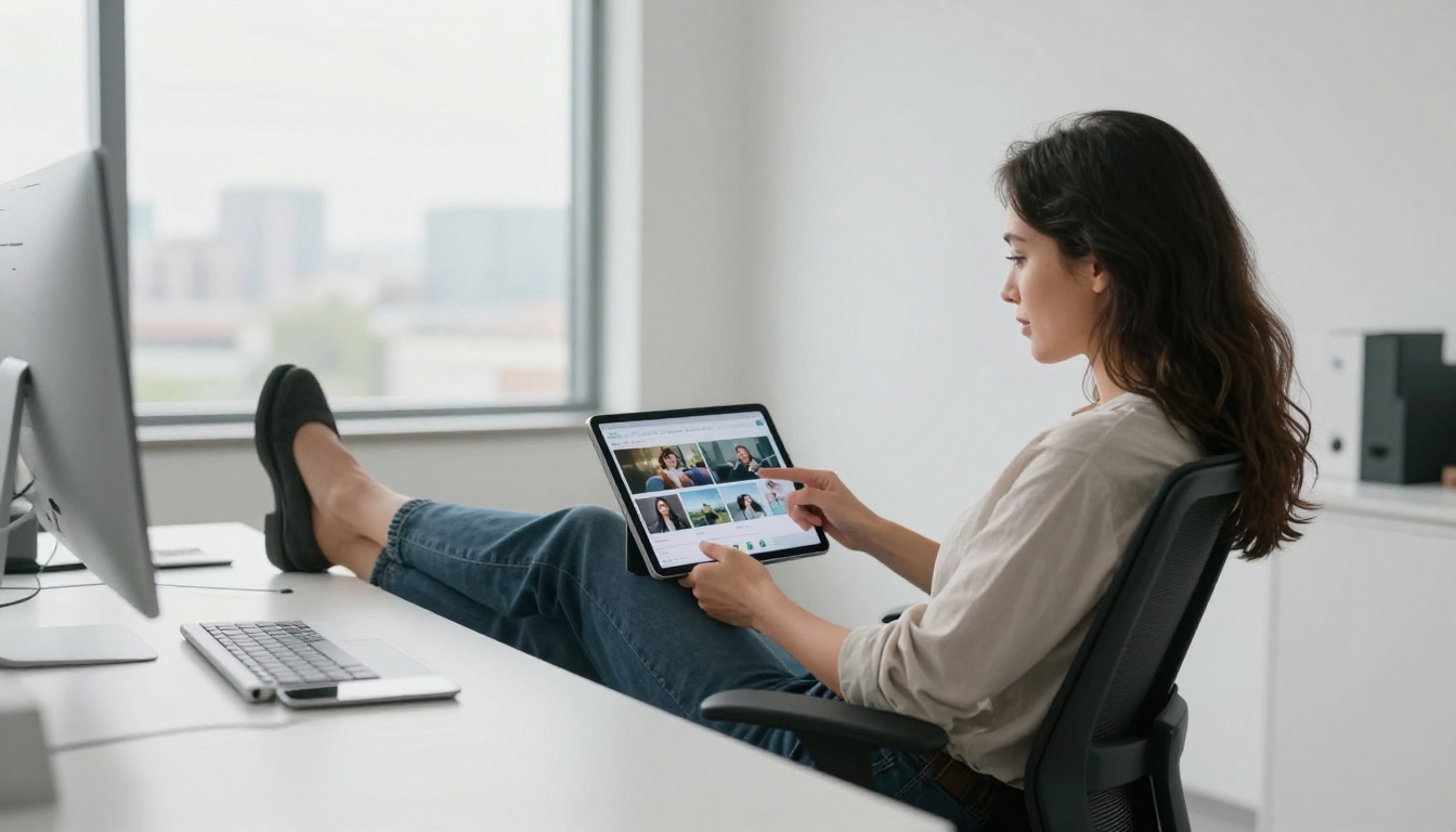 AI creator reviewing video models on tablet in minimal modern office