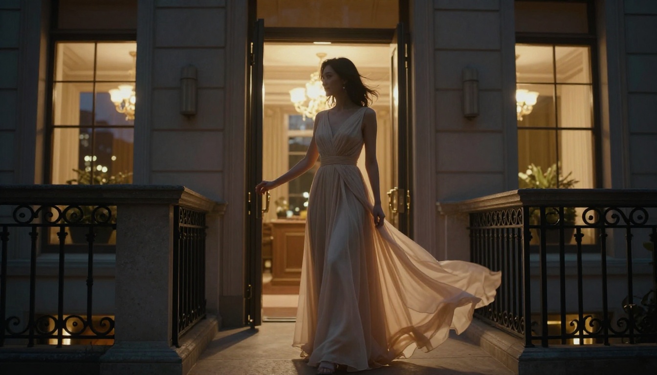 Elegant woman in evening gown on hotel balcony at dusk, PicassoIA-generated visual