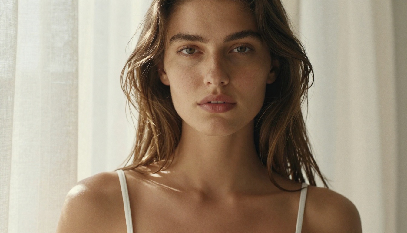 Close-up portrait of a model in white bikini top with natural sunlight Close-up portrait of a model in white bikini top with natural sunlight