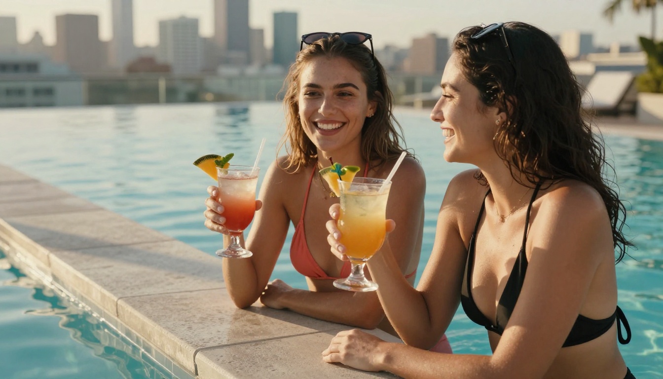 Two women at a rooftop pool party in swimwear, laughing with tropical cocktails at golden hour Two women at a rooftop pool party in swimwear, laughing with tropical cocktails at golden hour