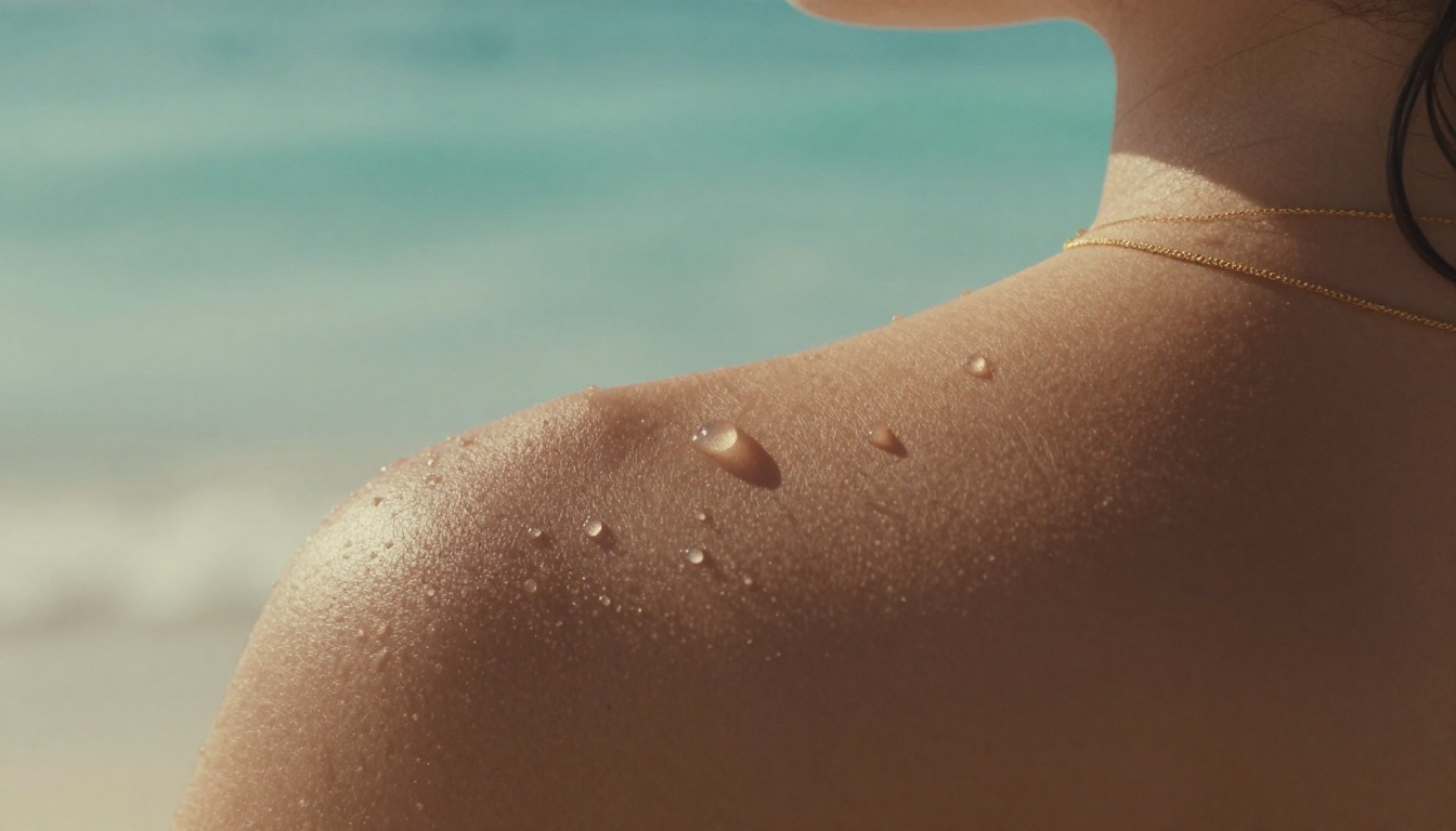 Close-up macro of bare shoulder and collarbone with water droplets and a gold chain, turquoise bokeh background Close-up macro of bare shoulder and collarbone with water droplets and a gold chain, turquoise bokeh background