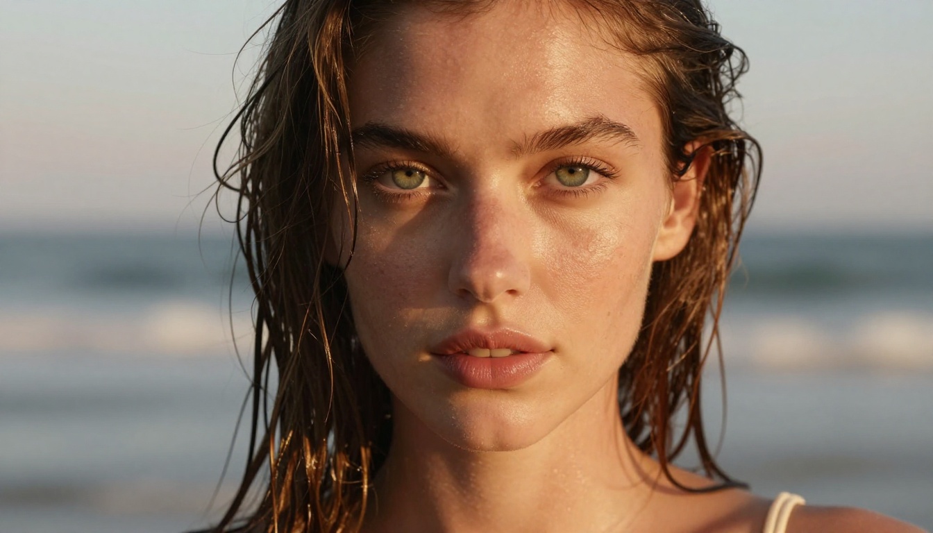 Intimate close-up portrait of a model with green eyes, damp hair, natural beach light, cream spaghetti strap Intimate close-up portrait of a model with green eyes, damp hair, natural beach light, cream spaghetti strap