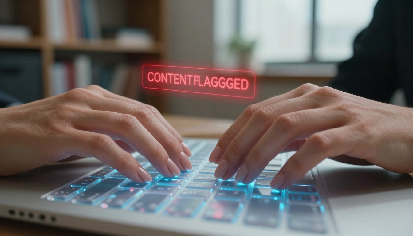 Close-up of hands on a holographic keyboard with a content flagged warning notification
