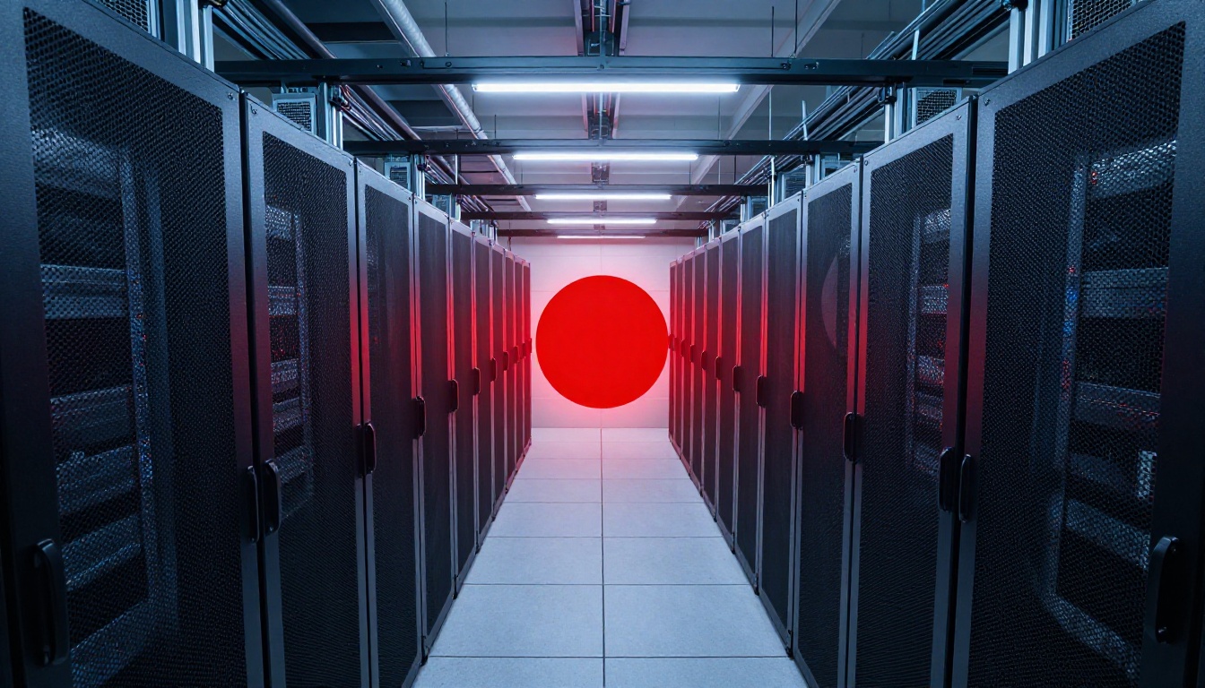 AI server room with red alert signal representing the scale of content moderation infrastructure