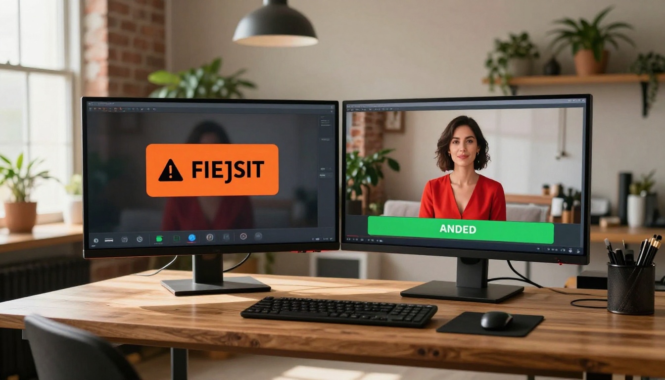 Monitor showing a split-screen comparison of flagged vs approved AI video content
