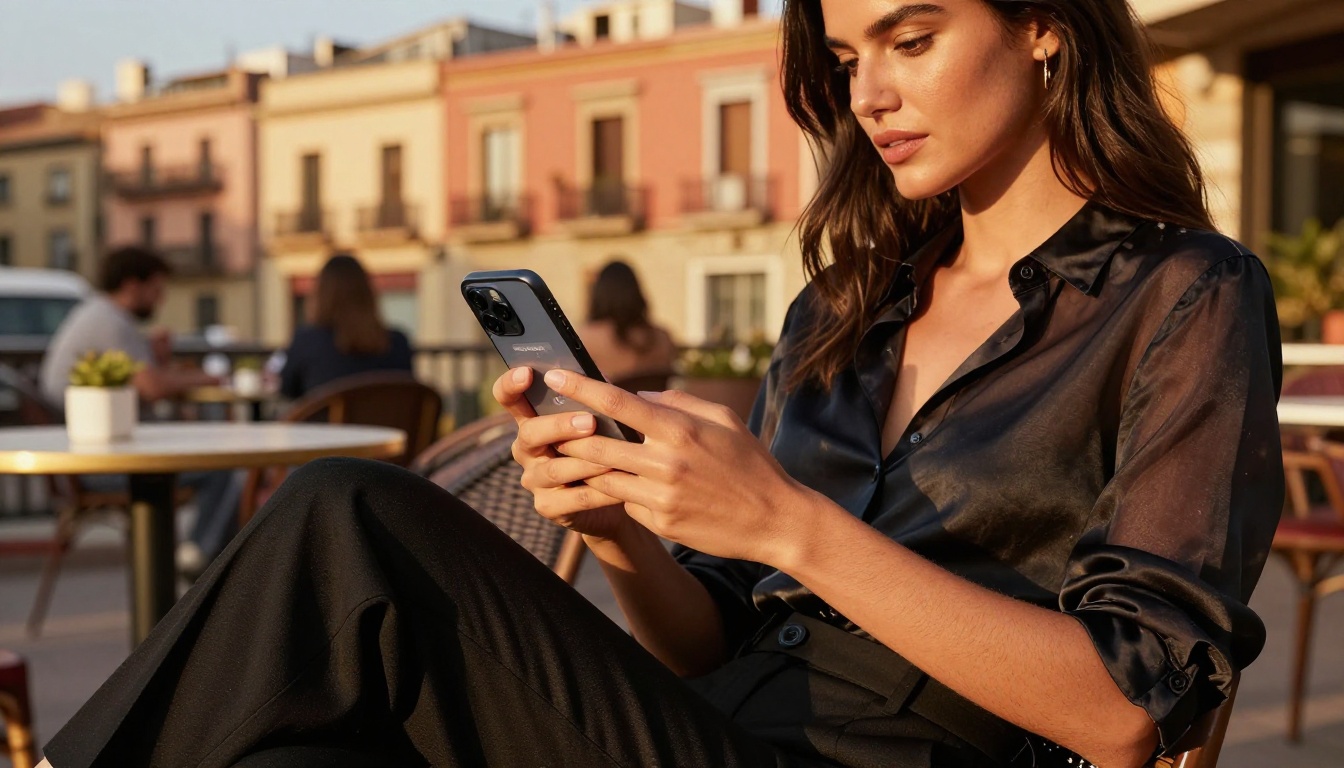 Beautiful woman at an outdoor café using a smartphone with an AI video platform