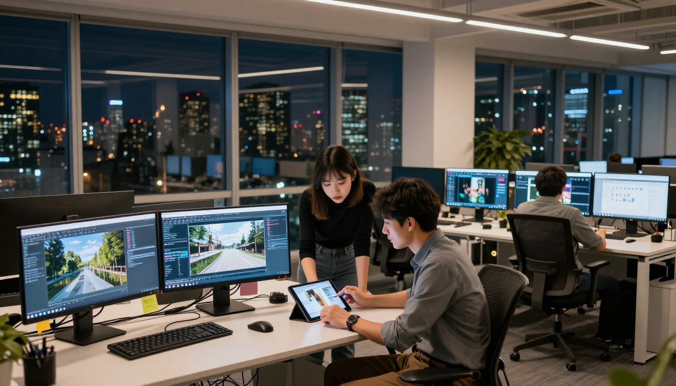 Creative team reviewing AI-generated video at a modern agency office at night