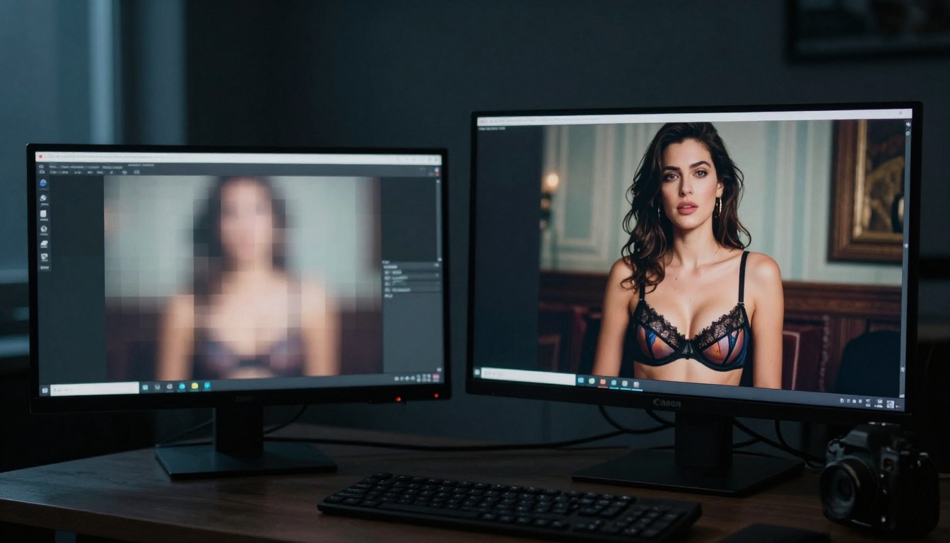 Censored AI output compared to uncensored creative work on a workstation monitor