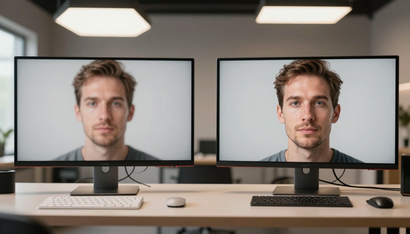 Side-by-side quality comparison on two monitors in a modern studio Side-by-side quality comparison on two monitors in a modern studio