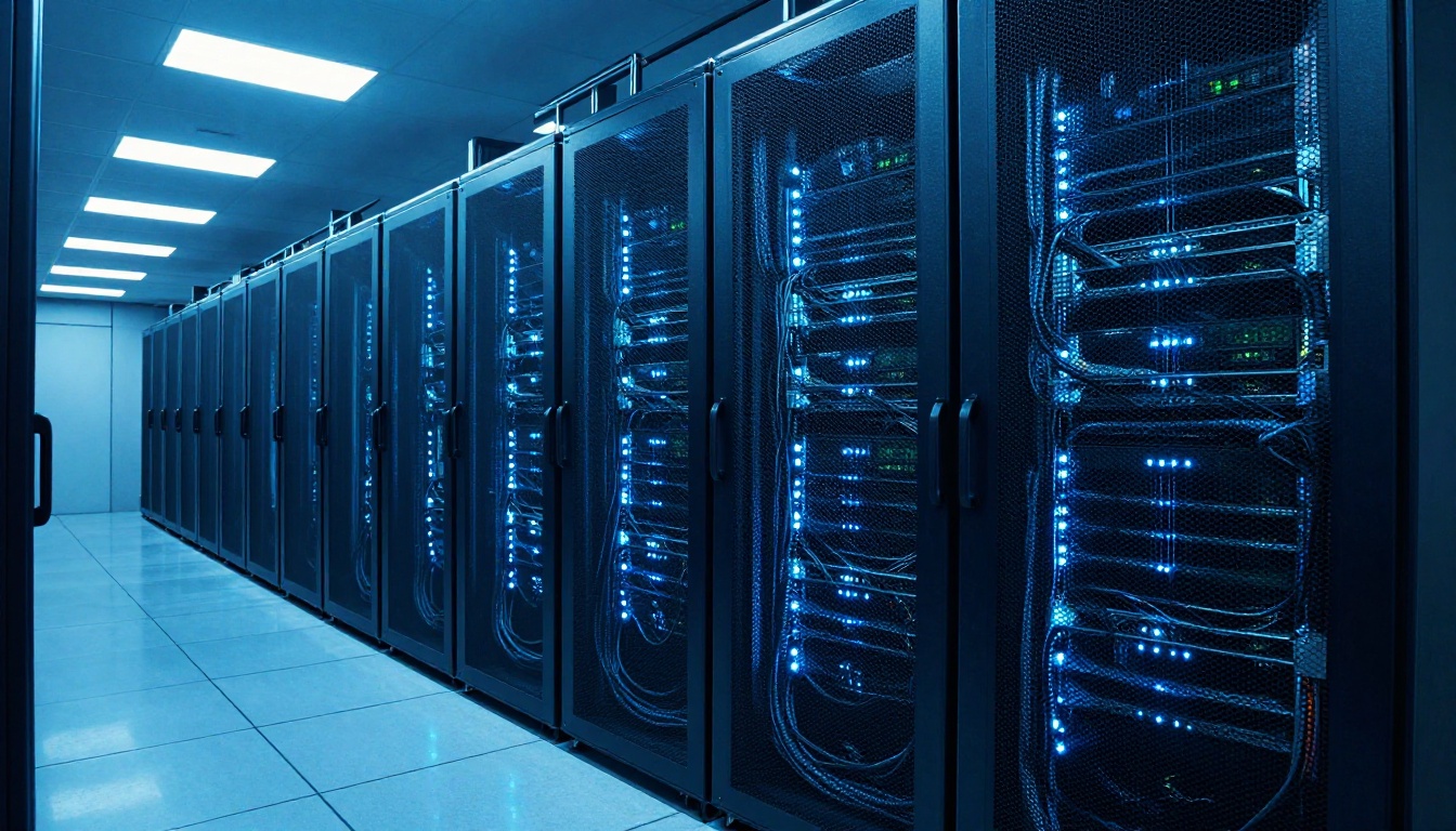Server rack array in data center showing AI compute infrastructure Server rack array in data center showing AI compute infrastructure