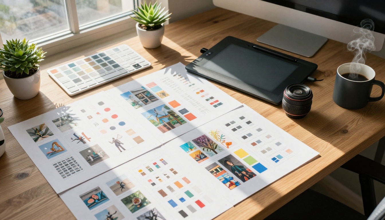 Aerial flat-lay of designer's workstation with printed AI reference sheets and creative tools Aerial flat-lay of designer's workstation with printed AI reference sheets and creative tools
