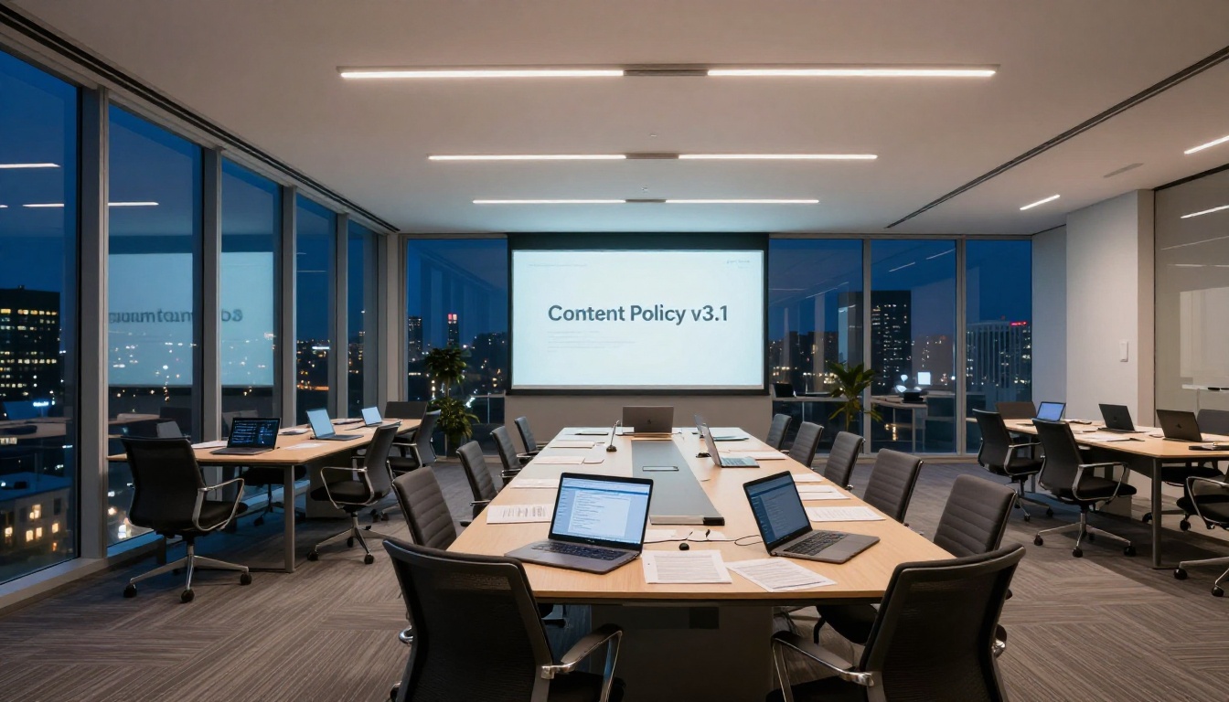 Empty content policy meeting room at a tech company at night