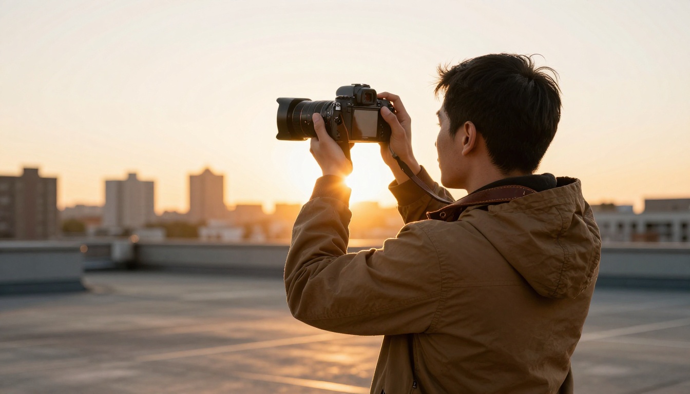 Videographer with cinema camera on rooftop at golden hour backlit by warm sunset Videographer with cinema camera on rooftop at golden hour backlit by warm sunset