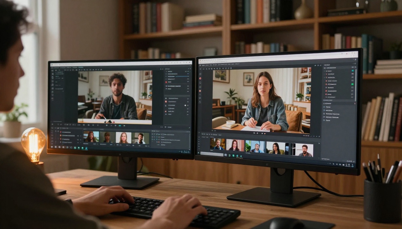 Content creator using dual monitors showing AI platform interface and photorealistic video output Content creator using dual monitors showing AI platform interface and photorealistic video output