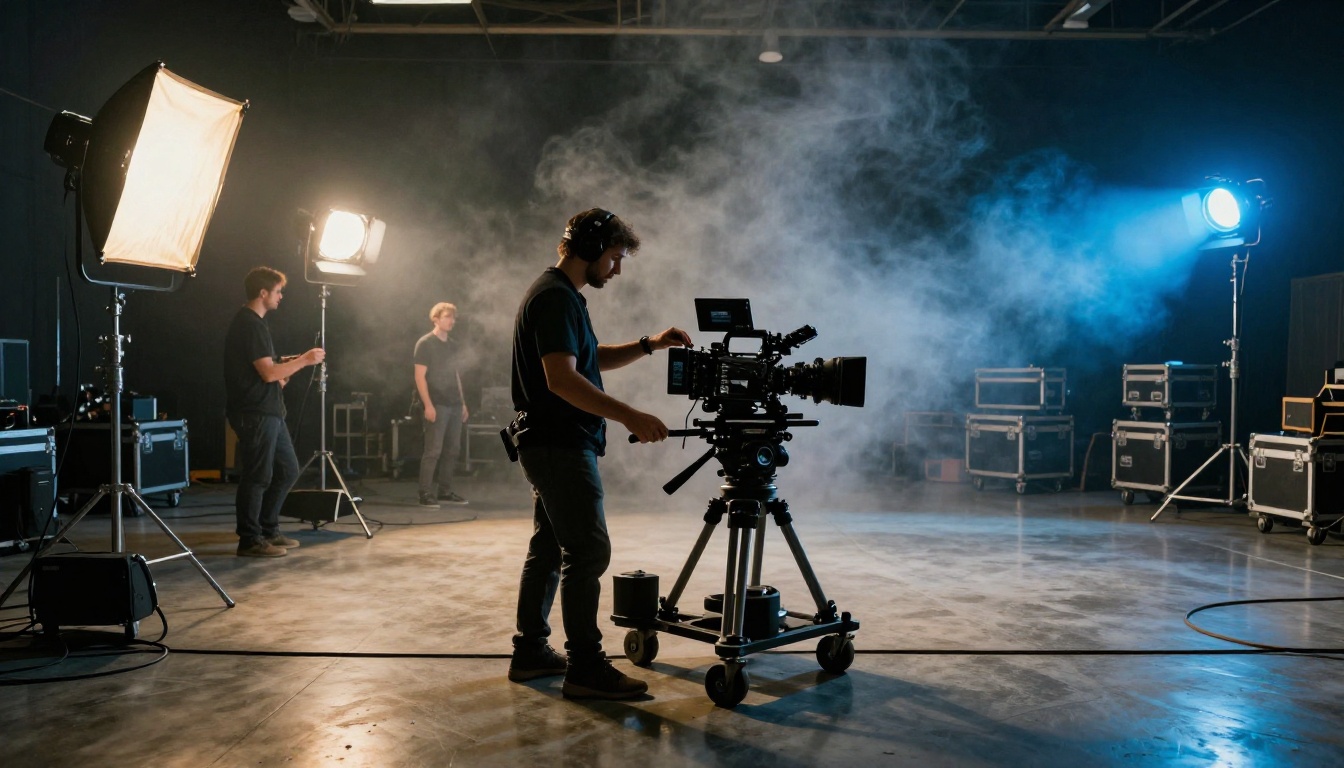 Film production crew working on studio set with professional cinema lights and equipment Film production crew working on studio set with professional cinema lights and equipment