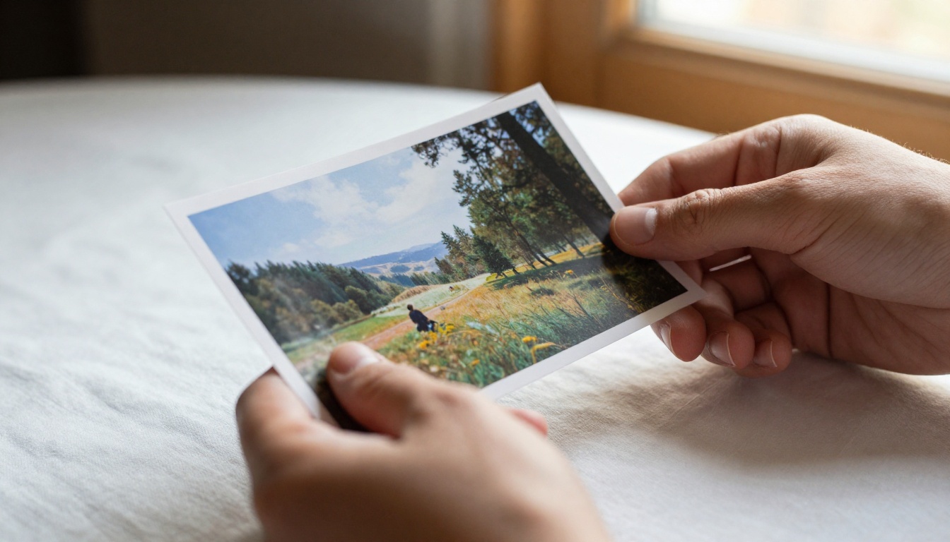 Hands holding a printed photograph showing exceptional photographic detail in warm window light Hands holding a printed photograph showing exceptional photographic detail in warm window light