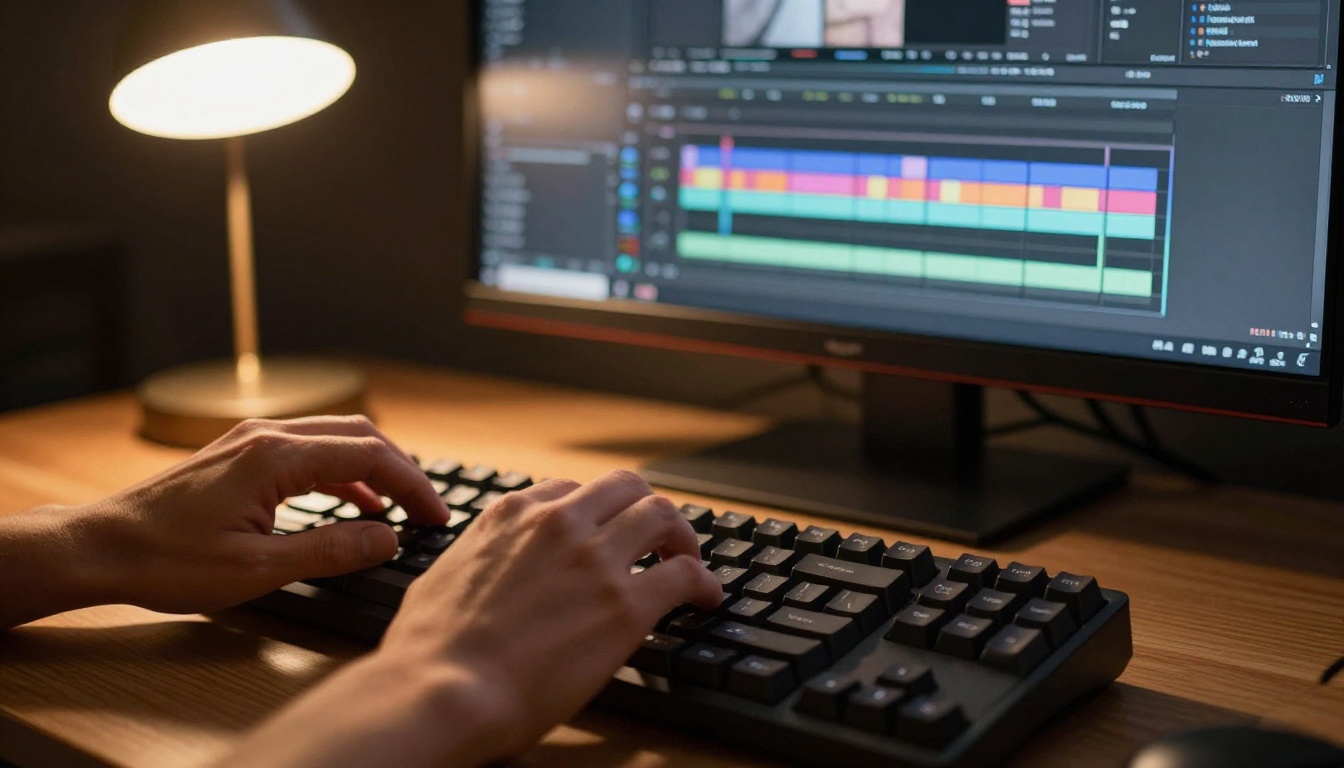 Person typing a text prompt on a mechanical keyboard with a video editing timeline visible in the background