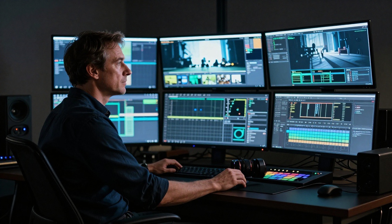 Filmmaker reviewing footage in a professional color-grading suite