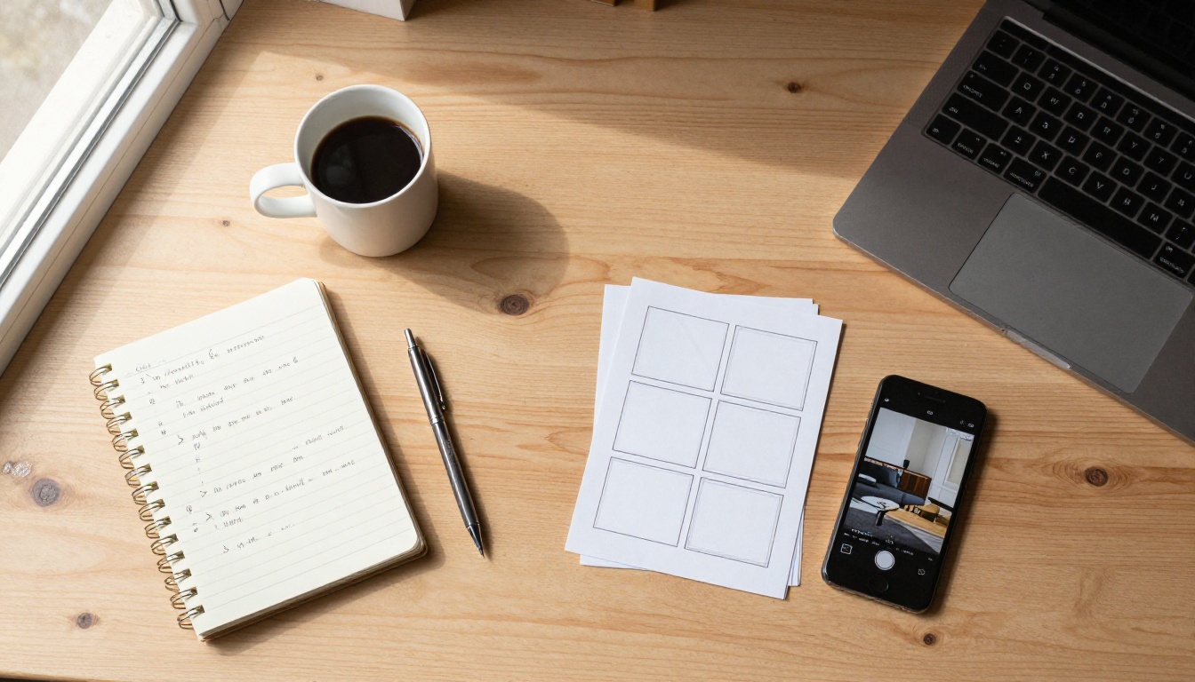 Aerial flat-lay of a filmmaker's workspace with handwritten notes and storyboards