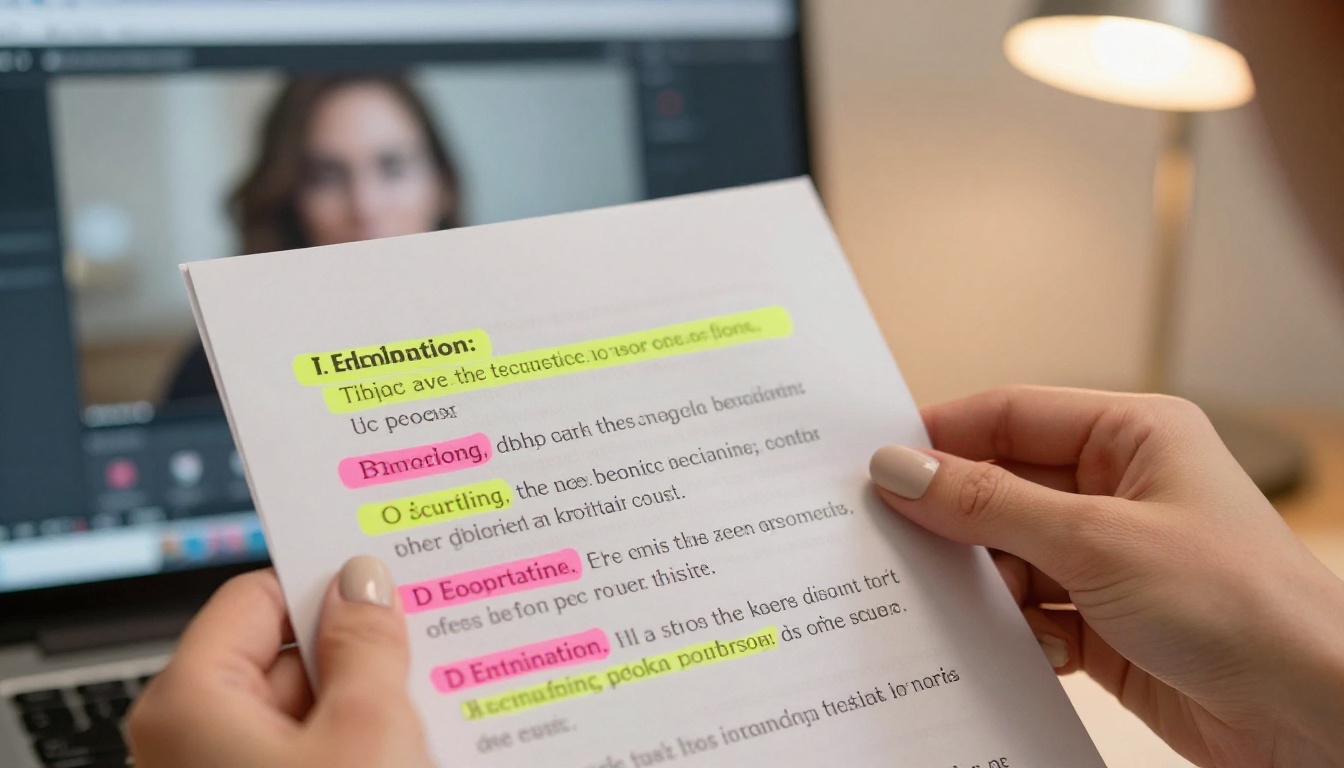 Hands holding a printed sheet with highlighted text prompt examples