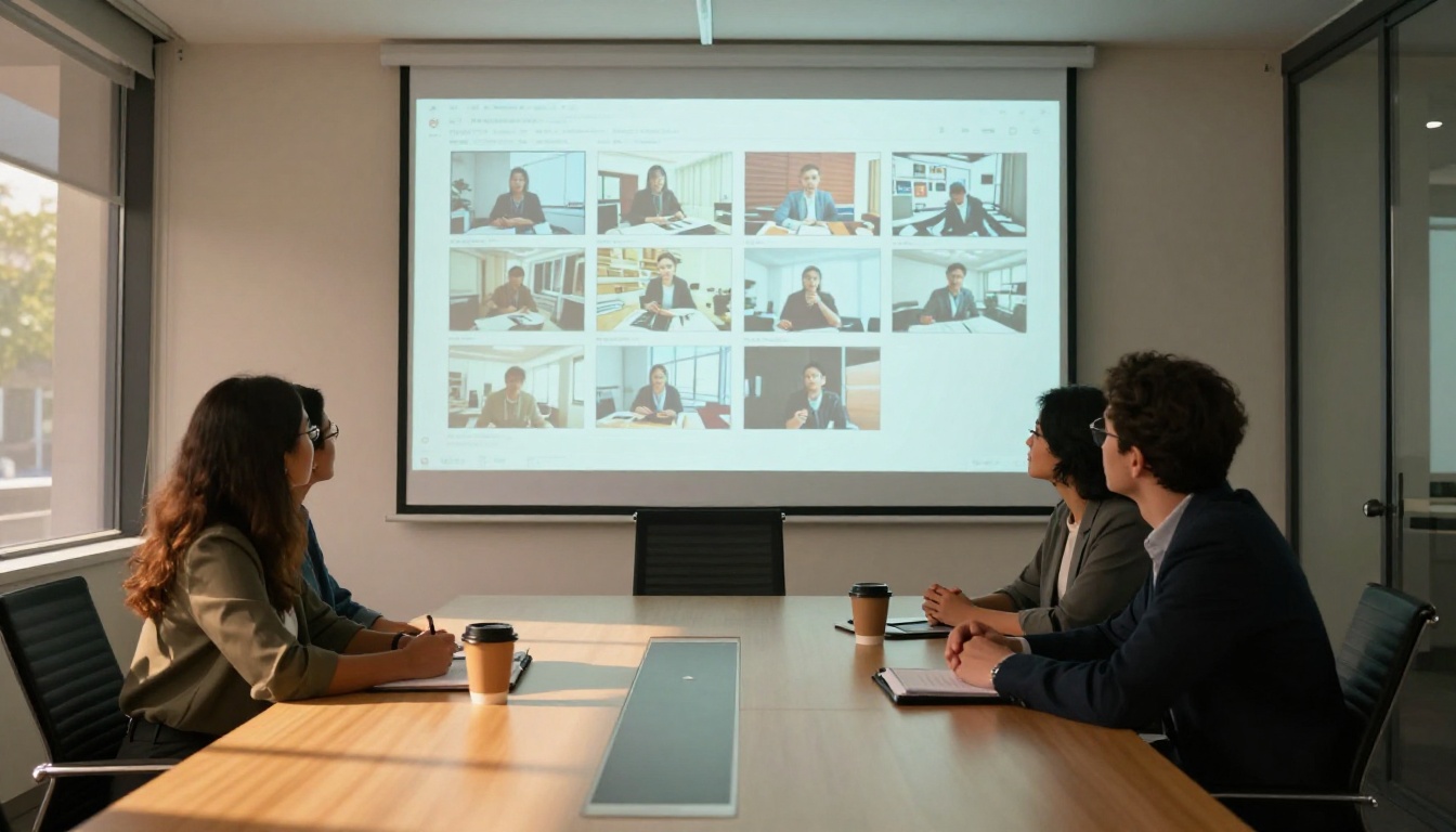 Creative team reviewing projected storyboard frames in a glass-walled meeting room