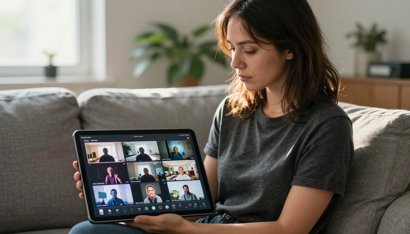 Creative professional browsing a gallery of AI video thumbnails on a tablet