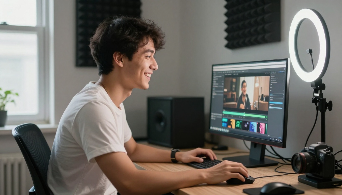 Young creator smiling while looking at a completed generated video on a monitor