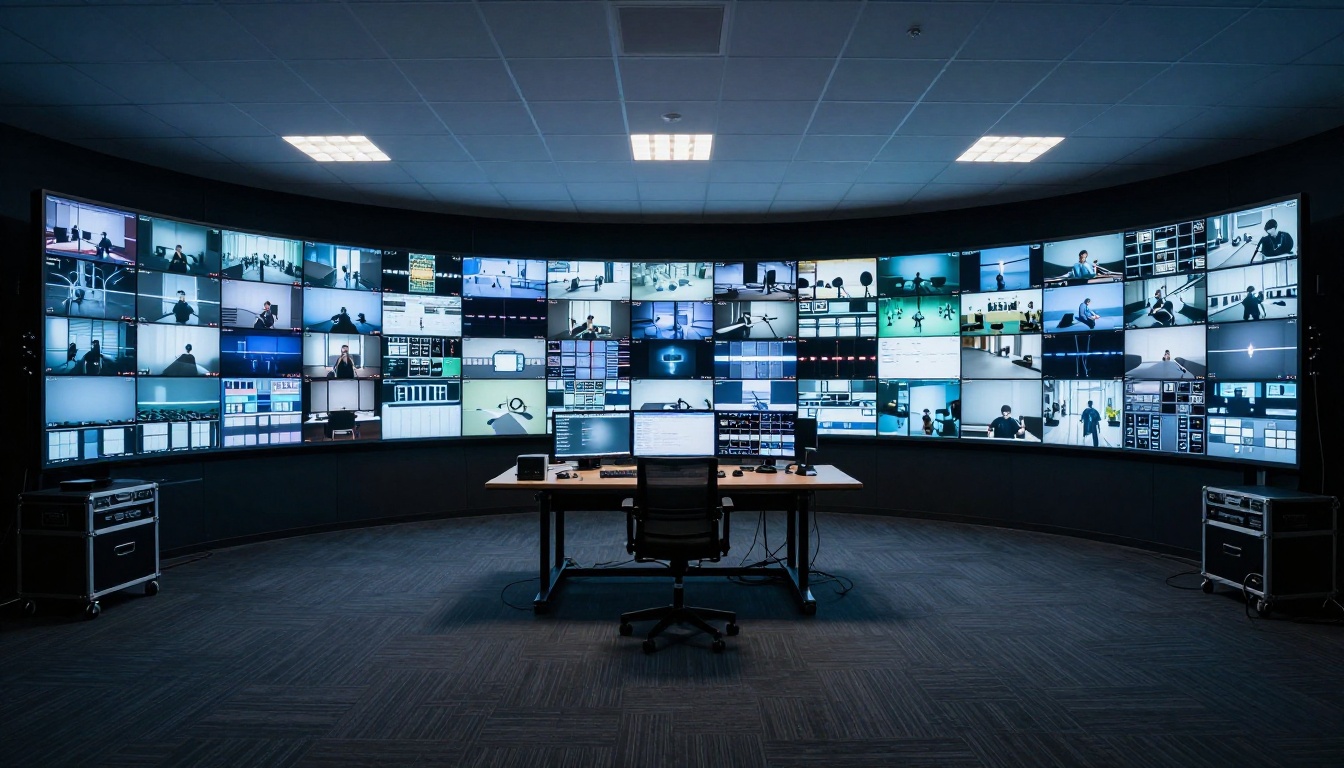 Professional video production studio interior with editing stations and monitors