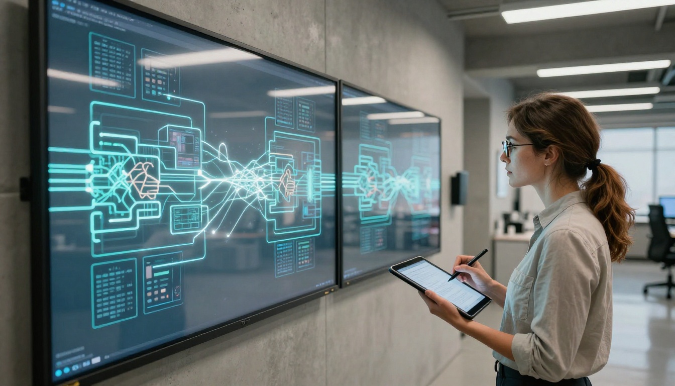 A software engineer studying neural network diagrams and video frame sequences on a transparent wall display in a modern lab