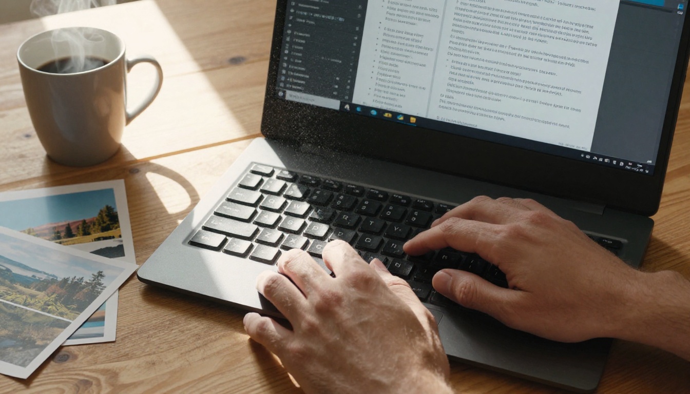 Overhead close-up of hands typing a detailed video generation prompt on a mechanical keyboard with reference photos on the desk