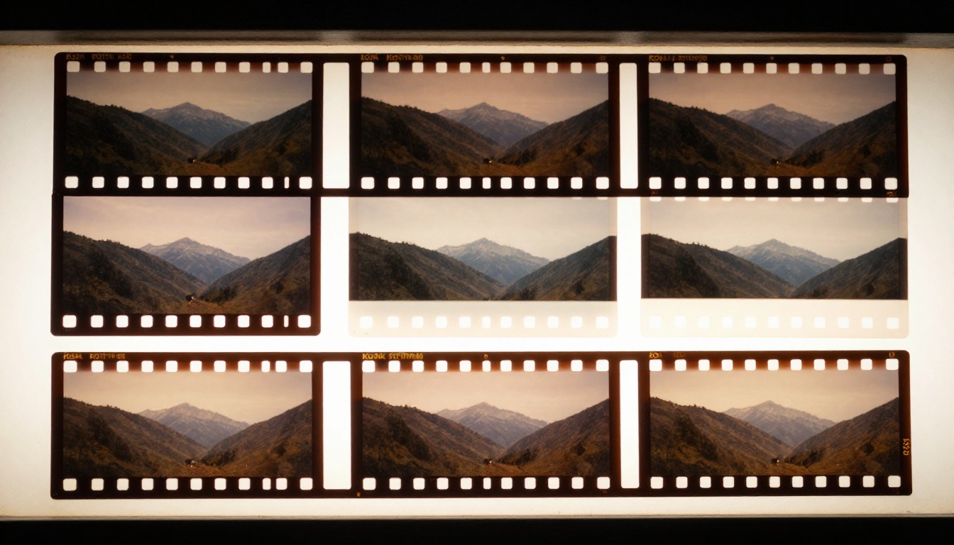 A film strip across a lightbox showing six sequential frames of a mountain valley scene with consistent lighting and character position