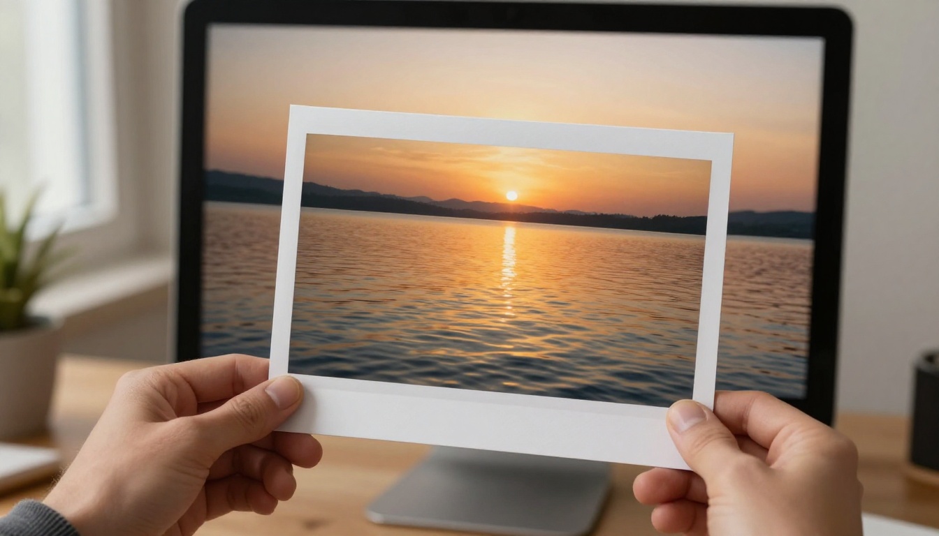 Photographer's hands holding a printed sunset lake photograph next to a monitor showing the same scene animated with water ripples
