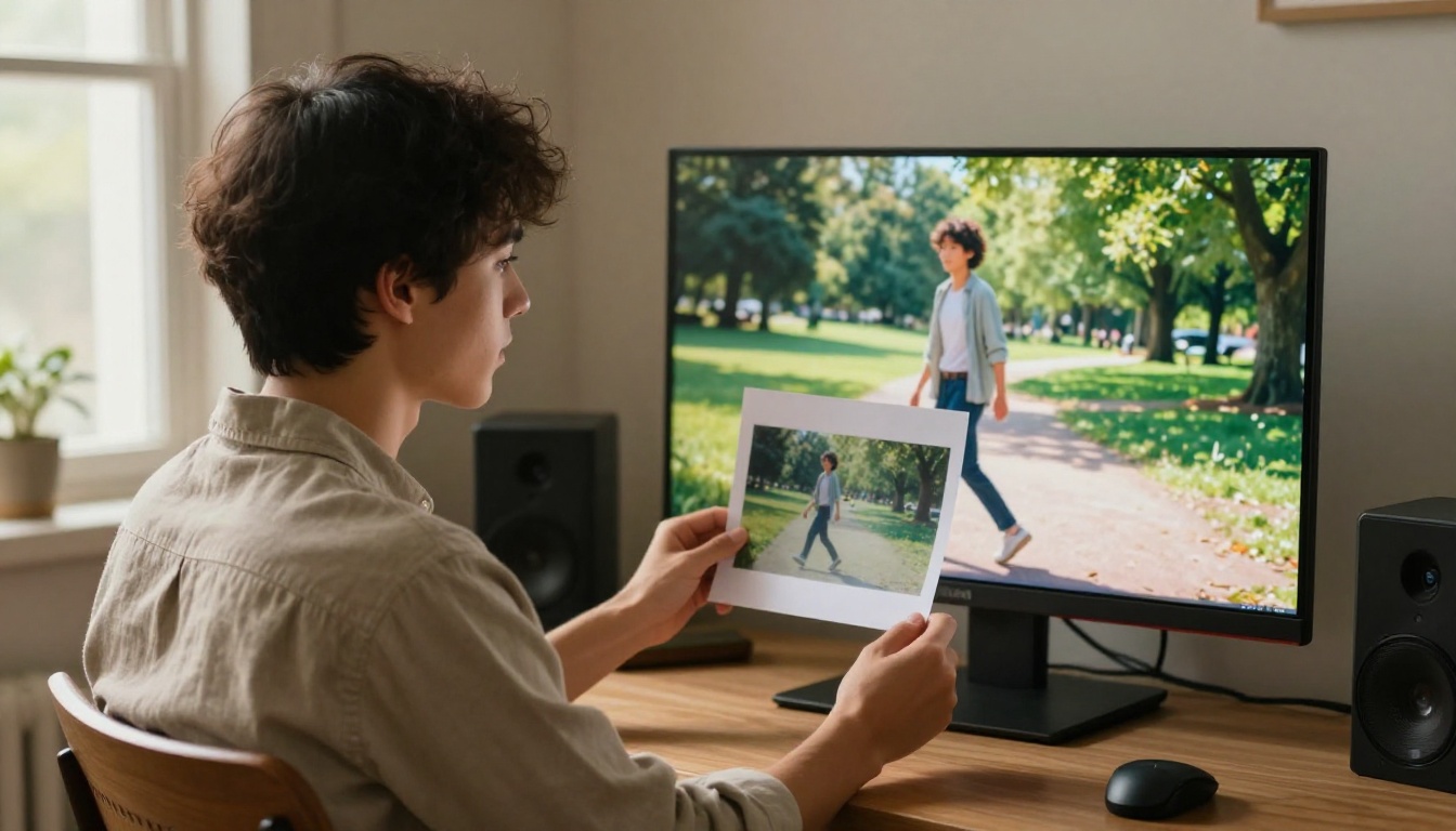 Young male content creator holding a reference photo while the screen behind shows the same subject animated in a park environment