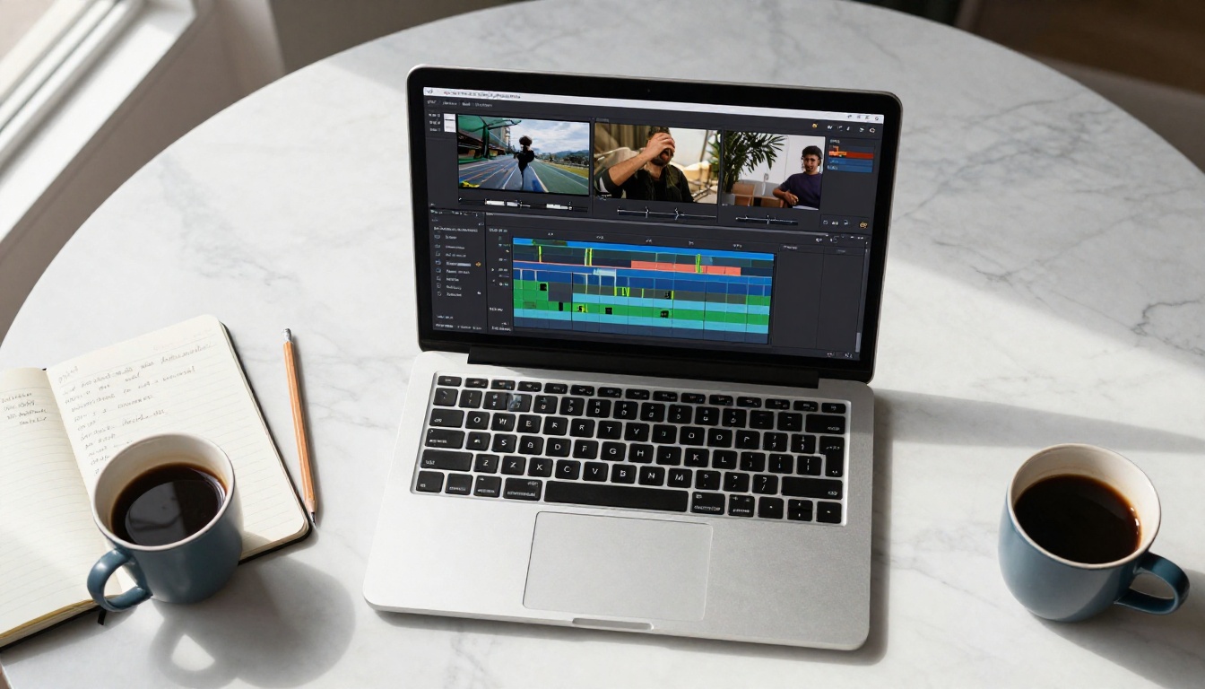 Aerial view of a laptop on a white marble desk showing a video editing timeline, with an open notebook, pencil, and coffee cup beside it