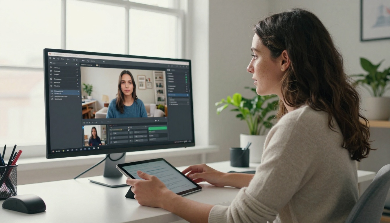 Woman at a standing desk in a bright creative studio looking at an AI video creation interface on a monitor