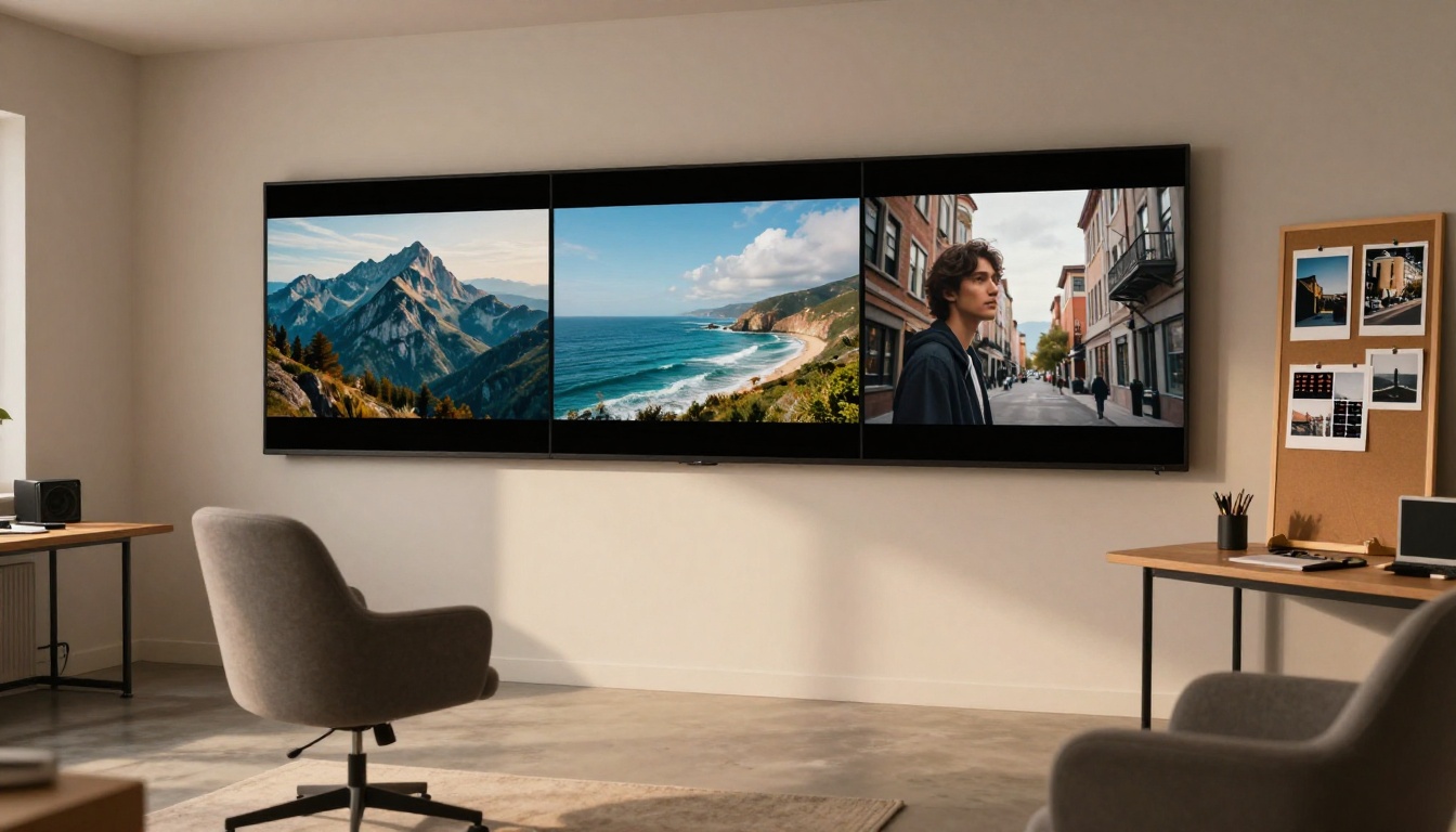Modern home studio monitor wall displaying four AI-generated video stills side by side showing landscape, portrait, coastal and urban scenes