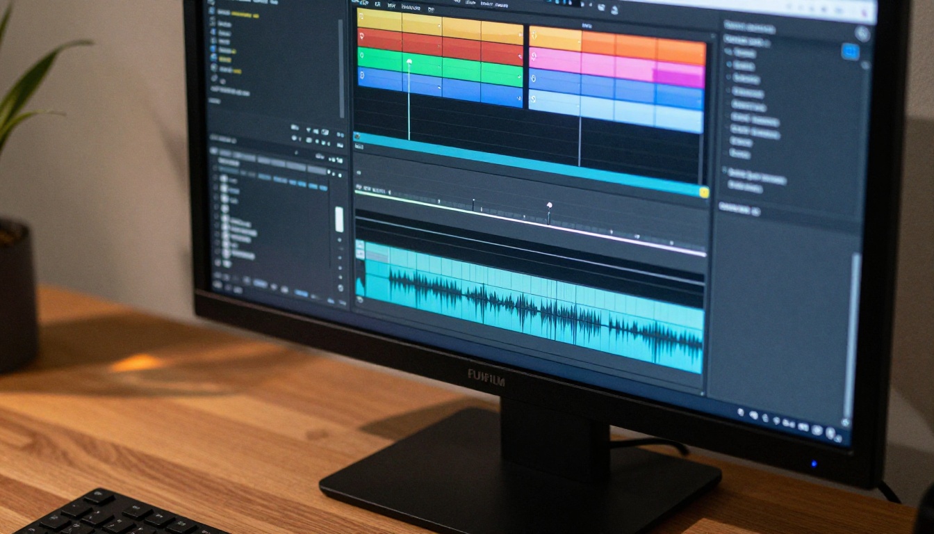 A professional video editing timeline with color-coded clips on multiple tracks A professional video editing timeline with color-coded clips on multiple tracks