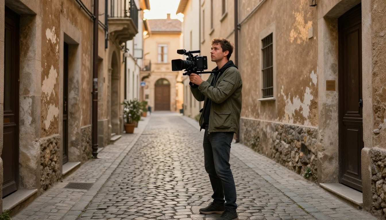 A cinematographer filming in a European cobblestone alleyway at golden hour A cinematographer filming in a European cobblestone alleyway at golden hour