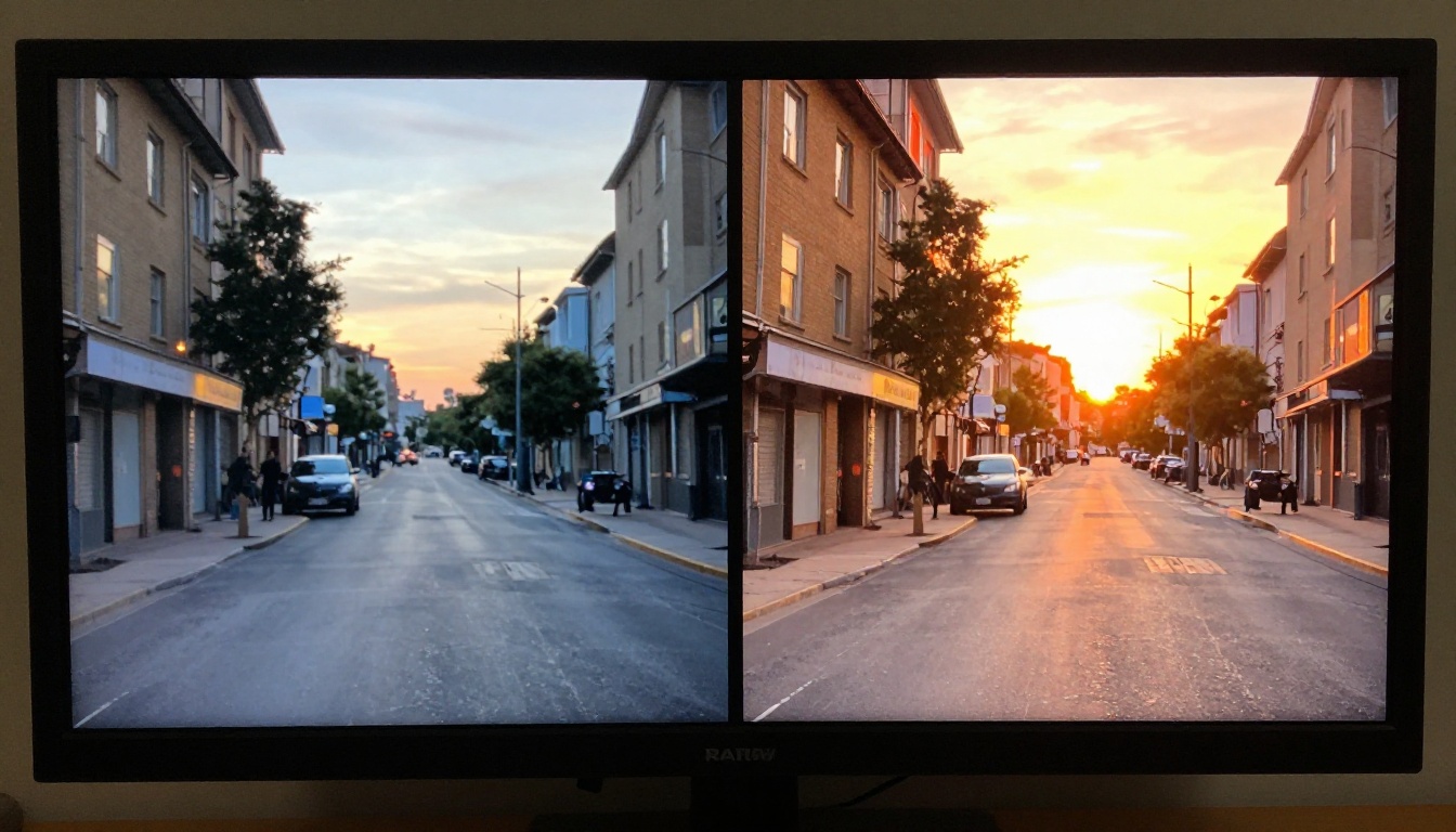 Split-screen comparison of a video frame showing dramatic color transformation from flat gray to warm sunset Split-screen comparison of a video frame showing dramatic color transformation from flat gray to warm sunset