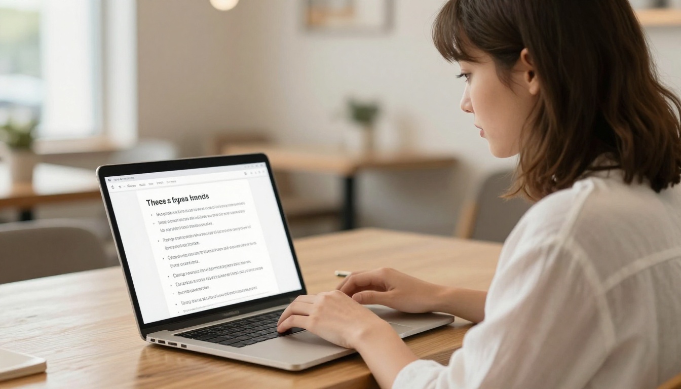 A woman typing a text prompt into a minimal AI interface on a laptop at a cafe A woman typing a text prompt into a minimal AI interface on a laptop at a cafe