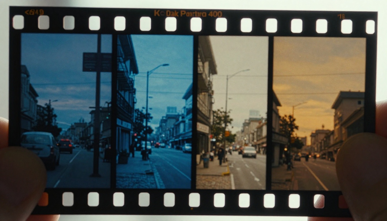 Close-up of film strip frames showing a color grade transition from cool blue to warm amber Close-up of film strip frames showing a color grade transition from cool blue to warm amber
