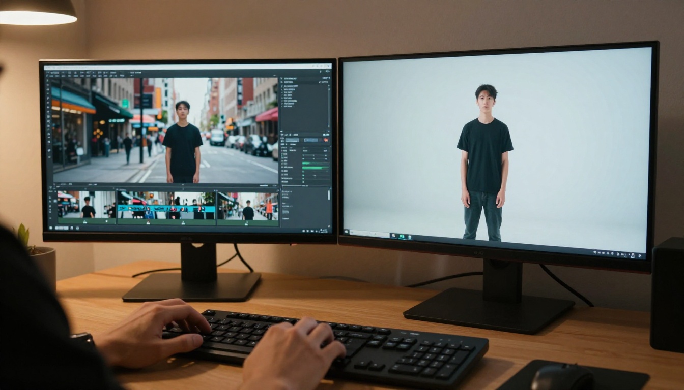 A video editor's hands at a keyboard with before-and-after background replacement shown on two monitors A video editor's hands at a keyboard with before-and-after background replacement shown on two monitors