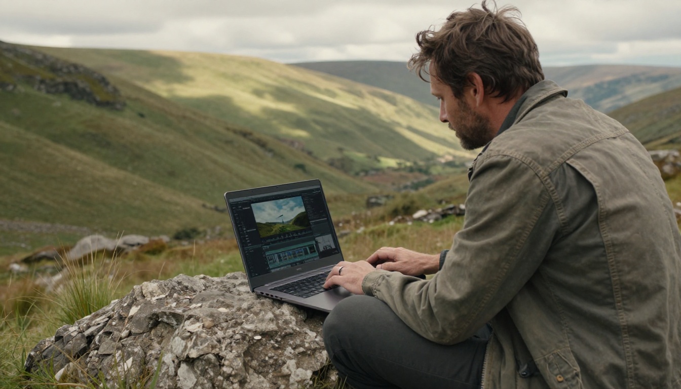 A documentary filmmaker reviewing footage on a laptop while sitting on a rock overlooking a green valley A documentary filmmaker reviewing footage on a laptop while sitting on a rock overlooking a green valley