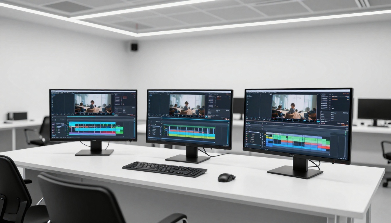 A wide-shot view of a high-end video production studio with three monitors showing different stages of the editing pipeline A wide-shot view of a high-end video production studio with three monitors showing different stages of the editing pipeline