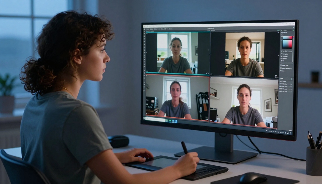 A focused woman editor at a curved ultra-wide desk with a video comparison grid visible on her monitor A focused woman editor at a curved ultra-wide desk with a video comparison grid visible on her monitor