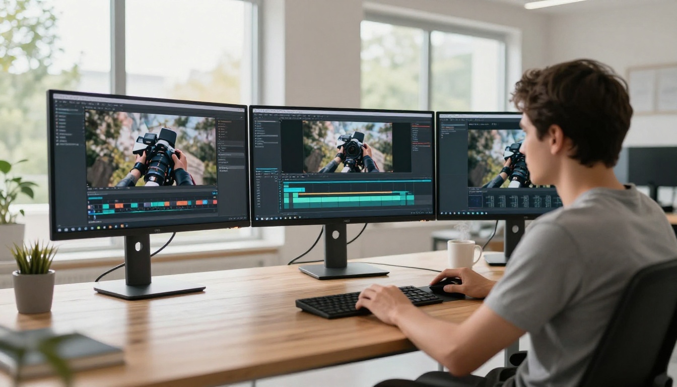 Professional developer working with AI video generation tools at a multi-monitor workstation