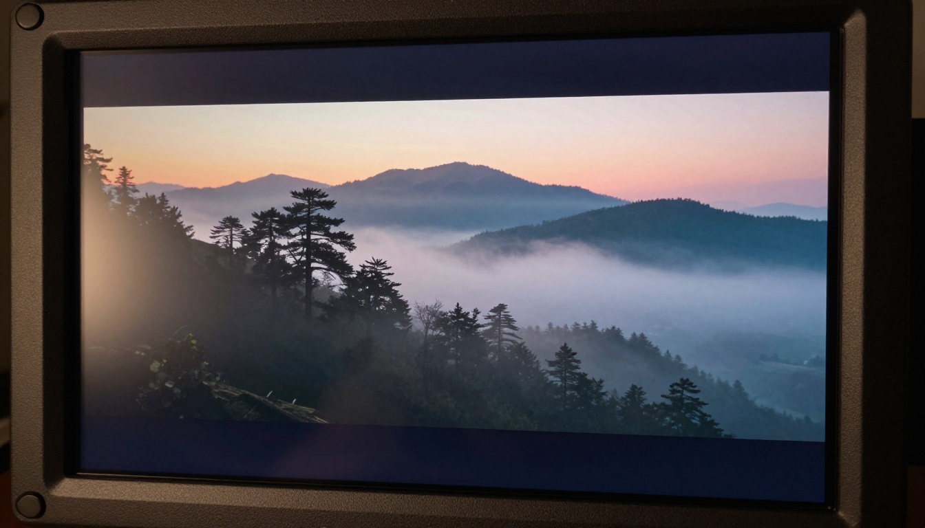 Close-up of a cinema monitor displaying 1080p AI-generated video with sharp landscape detail