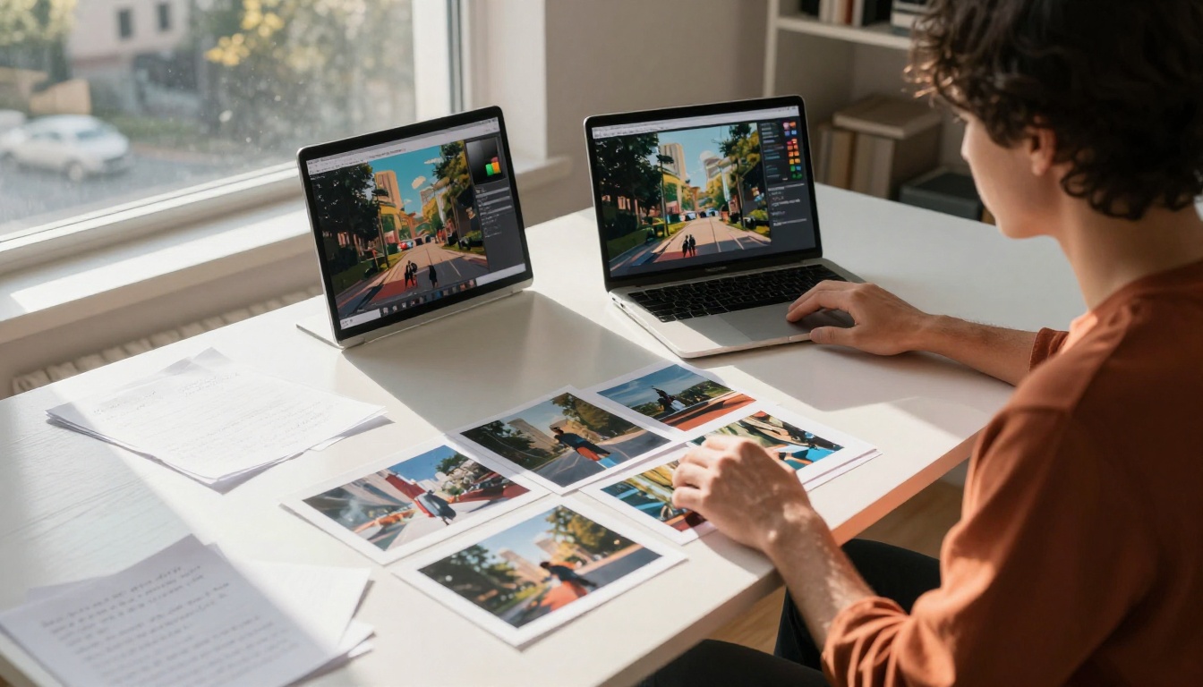 Creative professional comparing printed reference photographs against AI-animated video outputs