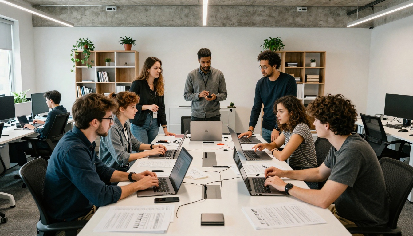 Open-plan tech office with a diverse team gathered around standing desks collaborating on AI video development