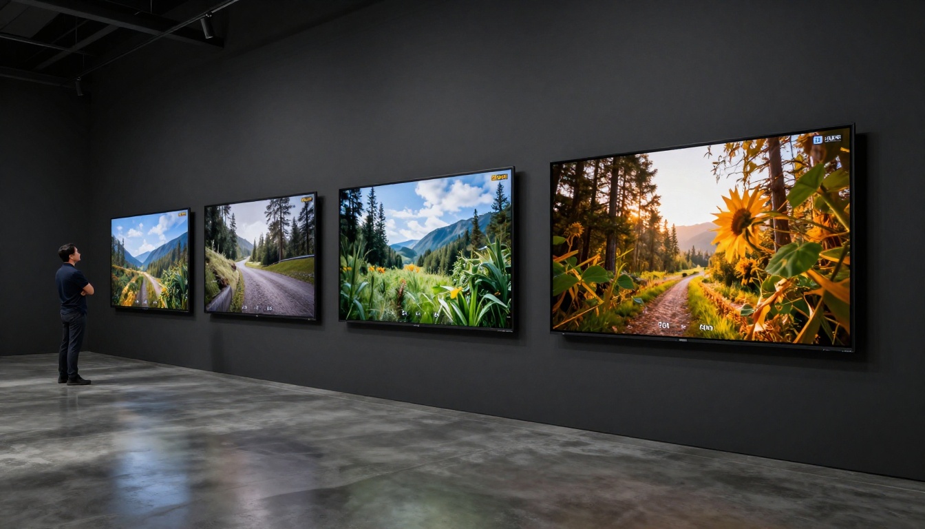 Side-by-side comparison of AI video model outputs displayed on a professional media agency screen wall